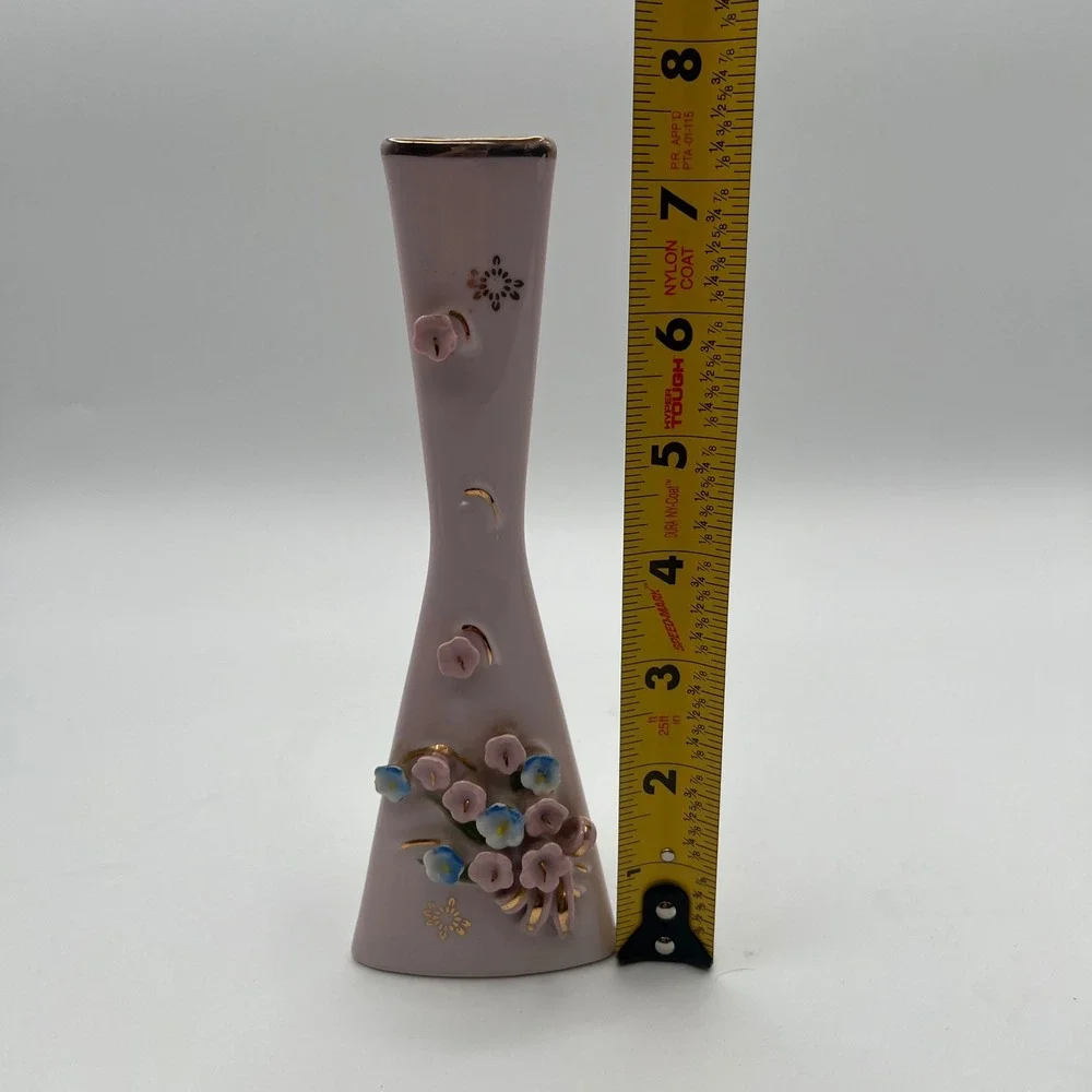 Vintage pink Bud Vase 3D Applied Flowers Gold Trim Triangular Base